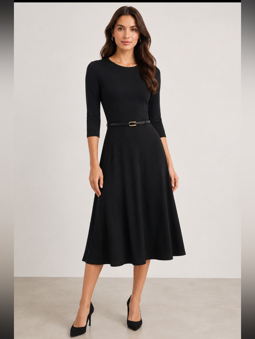 Lauren Ralph Lauren Black Midi Dress with Slim Belt